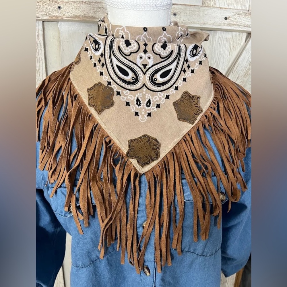 Upcycled Embellished Tan Floral & Fringe Bandana